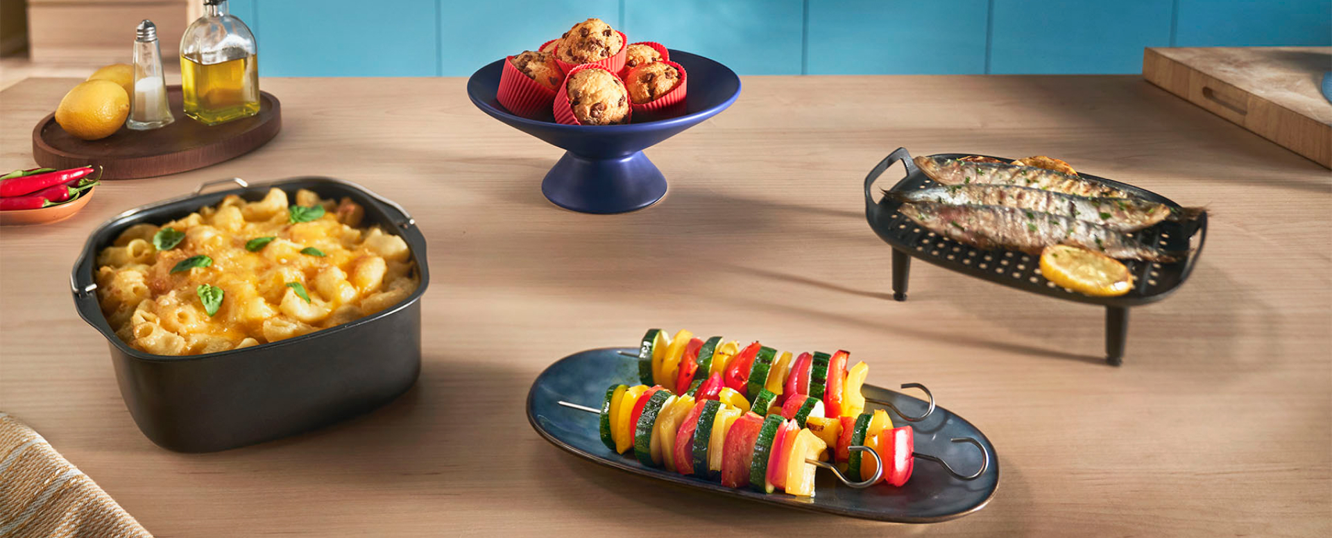 et udvalg af retter, der kan tilberedes i Airfryer med vores tilbeh&oslash;r