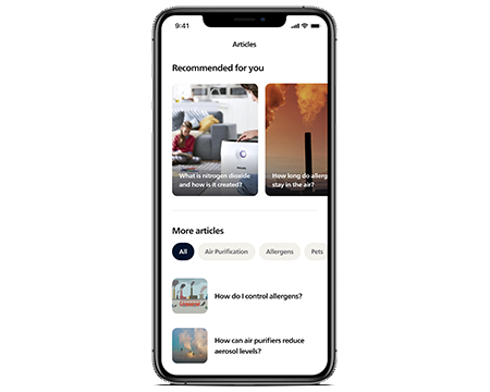 Sk&aelig;rmbillede af Philips Air+-appen med artikelanbefalinger